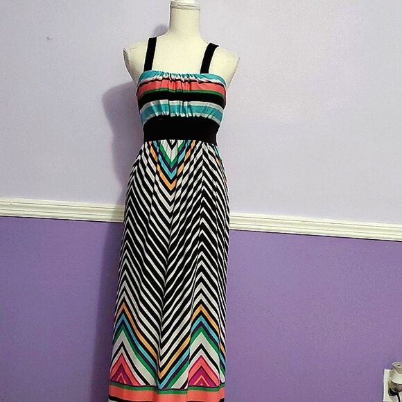 Olivia Matthews Colorful Multi Striped Beachy Summer Flowy Jersey Maxi Dress - Picture 1 of 9